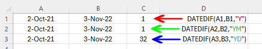 Using datedif formula Excel